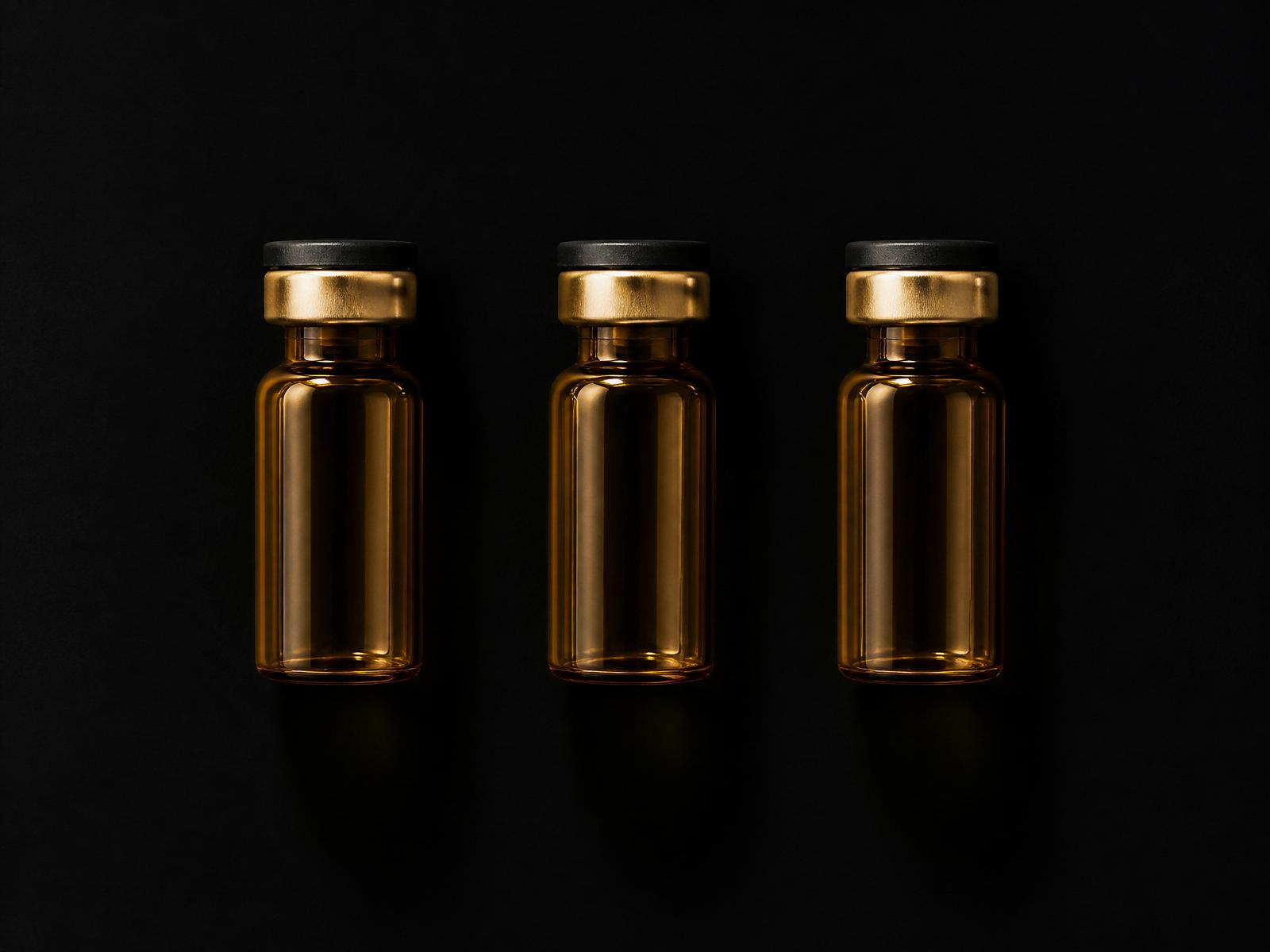 Row of three amber pharmaceutical vials with gold seals on a black surface